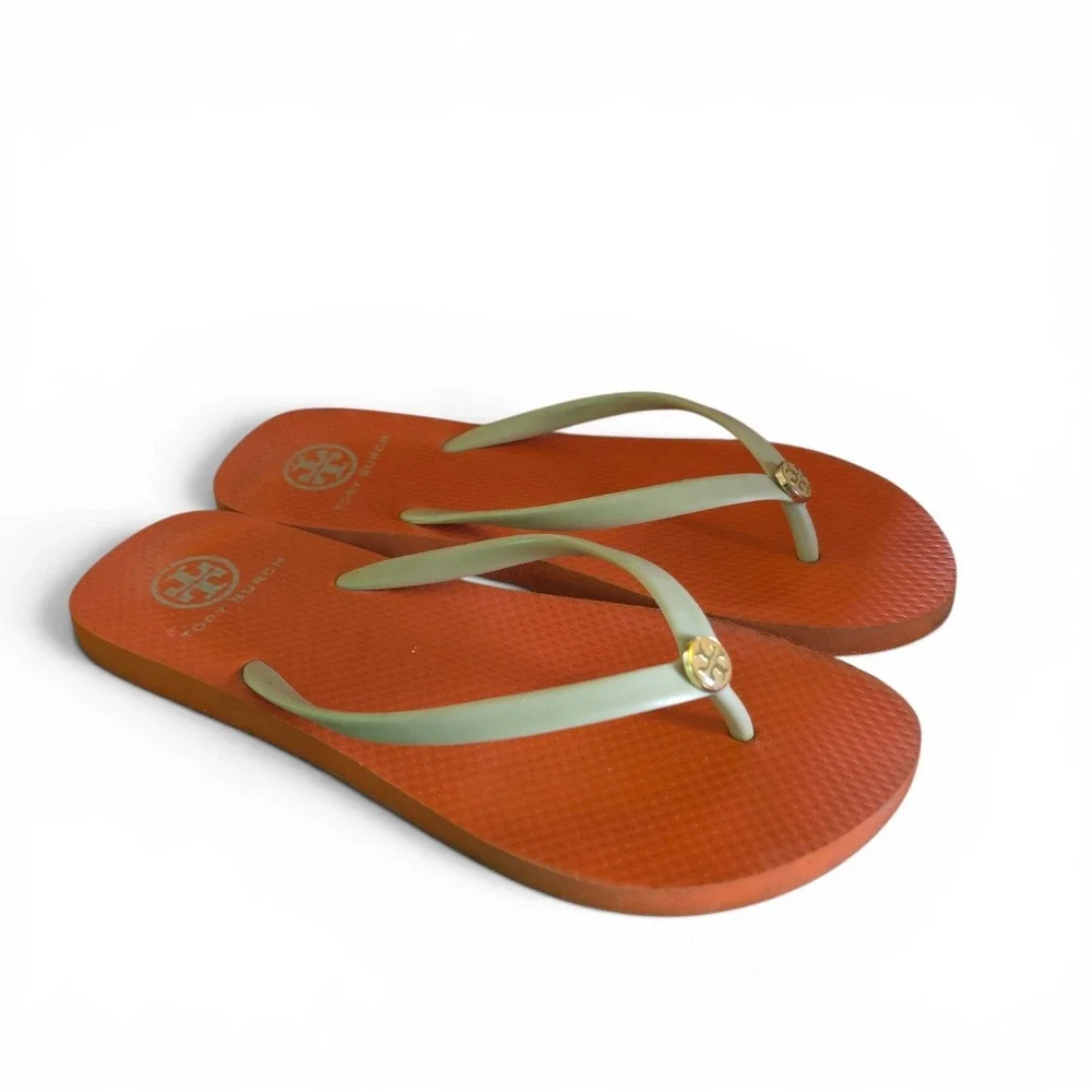 Tory Burch Womens Size 8 Khaki Fanta Orange Thin Flip Flops Sandals With Box